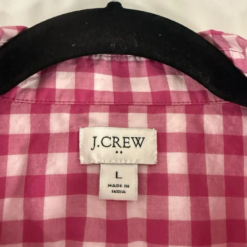 J Crew Button Down Shirt Women's Large Pink White Plaid Long Sleeve Collared Lig